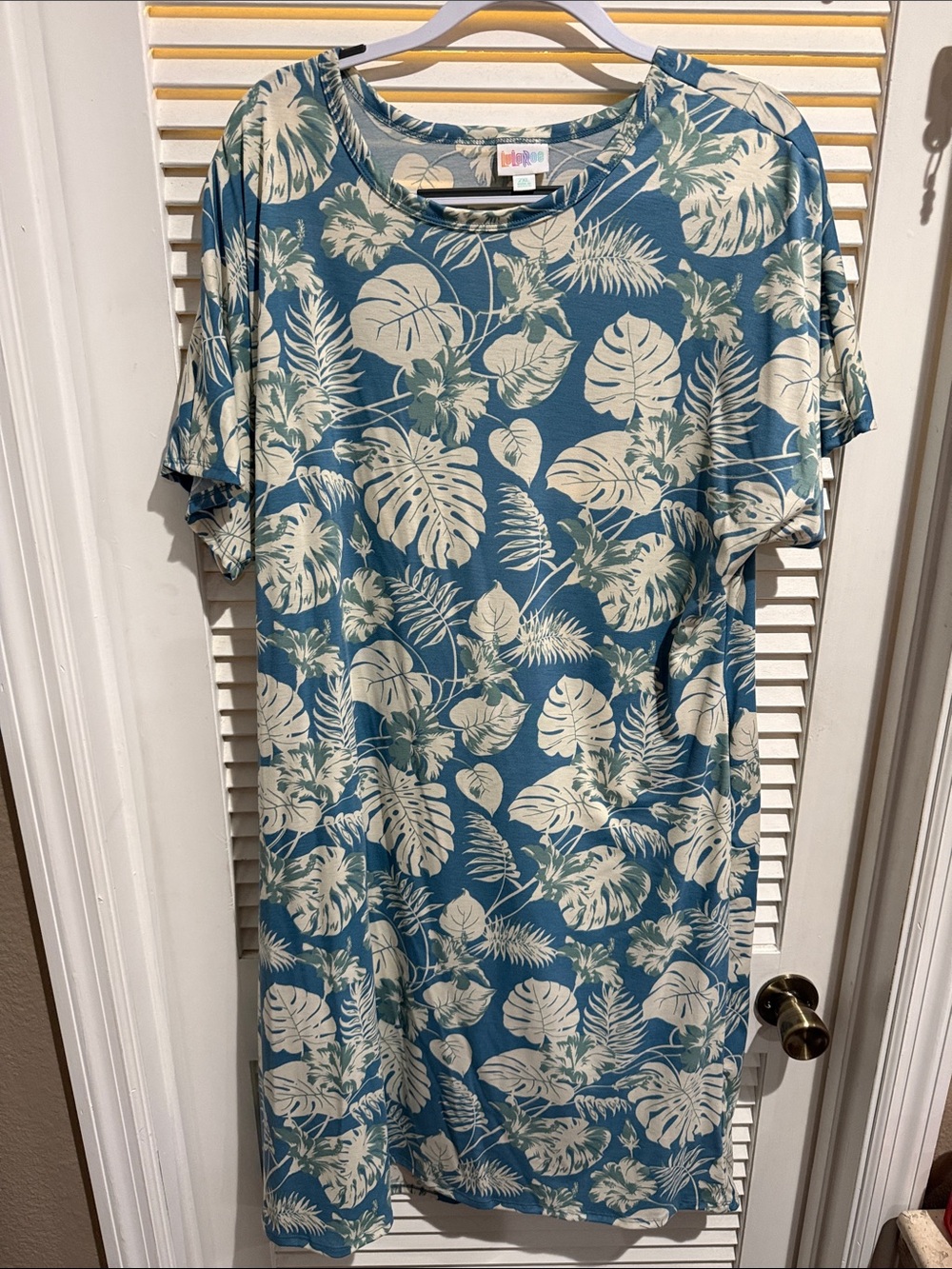 LuLaRoe Blue Dress with Cream Tropical Leaf Print
